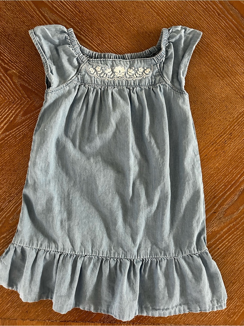 Girls Light Blue Ruffle Hem Dress with Embroidered